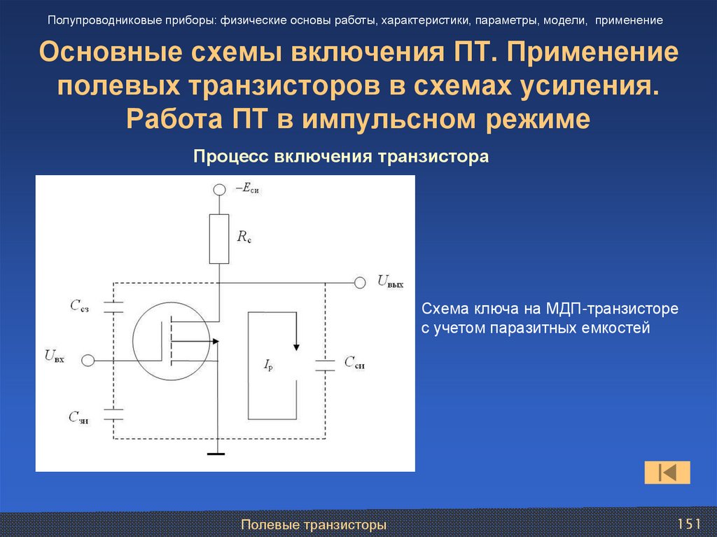 Основные схемы включения ПТ. Применение полевых транзисторов в схемах усиления. Работа ПТ в импульсном режиме