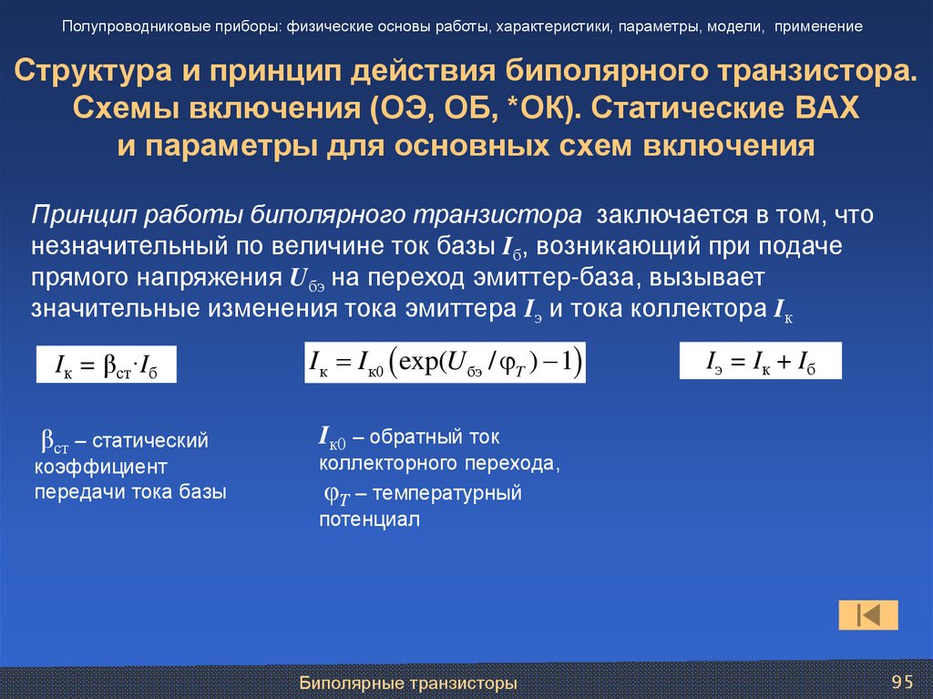 Структура и принцип действия биполярного транзистора. Схемы включения (ОЭ, ОБ, *ОК). Статические ВАХ и параметры для основных