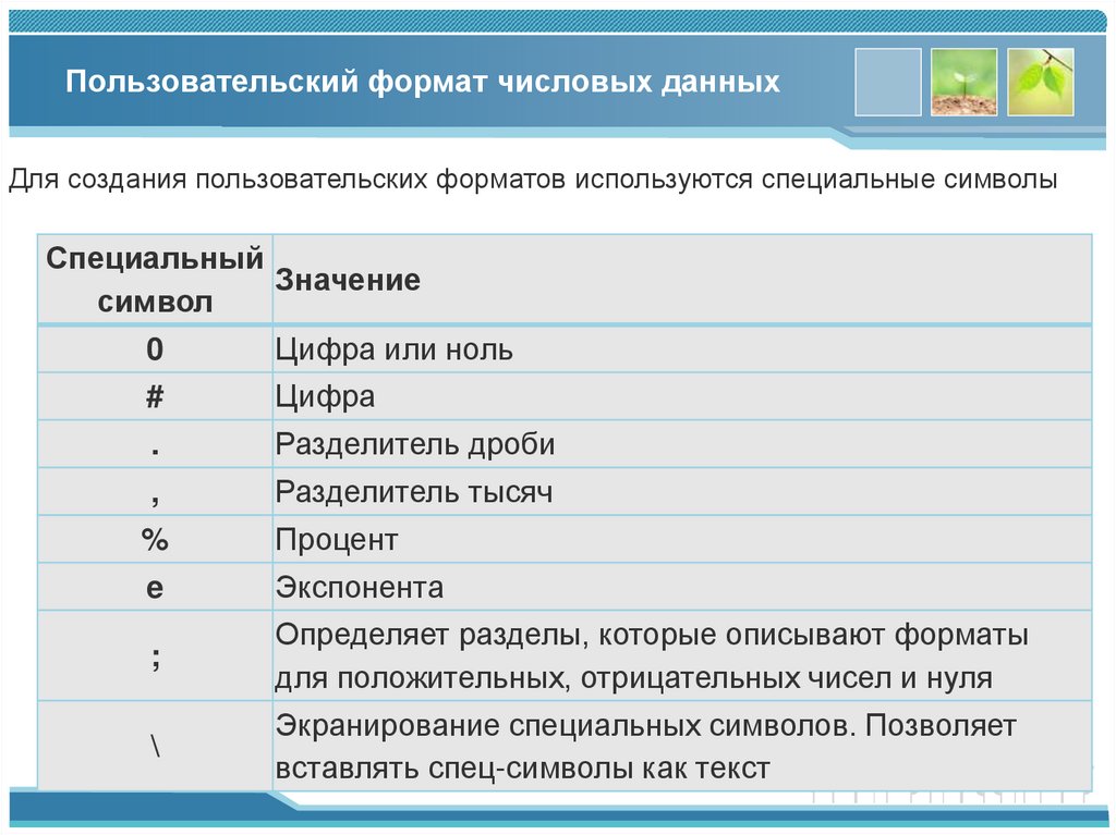 Пользовательский формат числовых данных