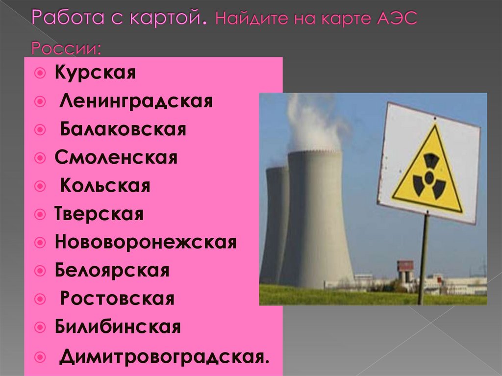 Работа с картой. Найдите на карте АЭС России:
