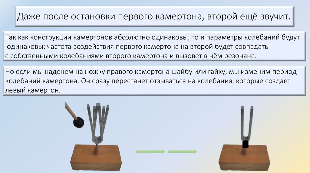 Даже после остановки первого камертона, второй ещё звучит.