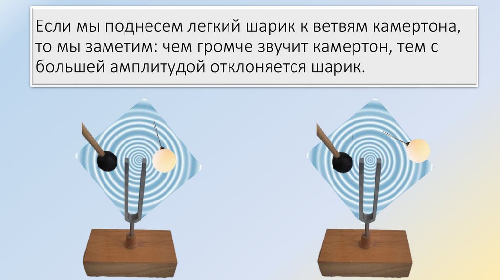Если мы поднесем легкий шарик к ветвям камертона, то мы заметим: чем громче звучит камертон, тем с большей амплитудой