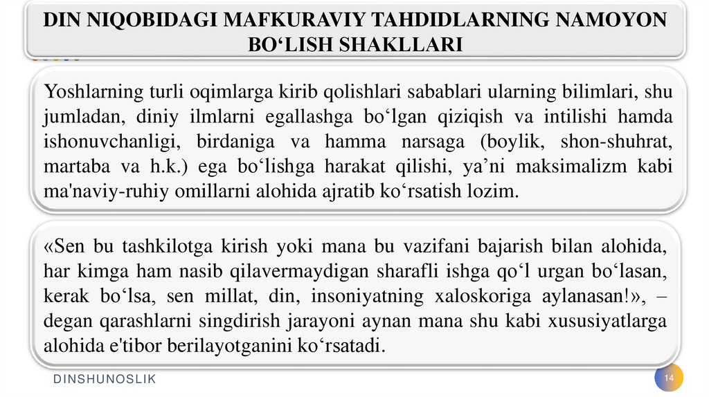 DIN NIQOBIDAGI MAFKURAVIY TAHDIDLARNING NAMOYON BO‘LISH SHAKLLARI