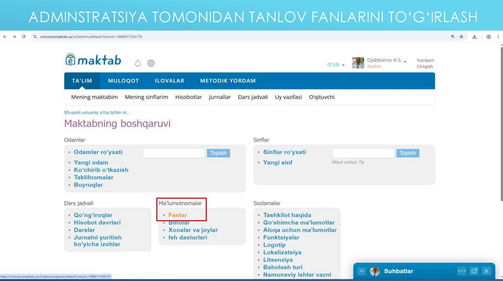 Adminstratsiya tomonidan tanlov fanlarini to‘g‘irlash