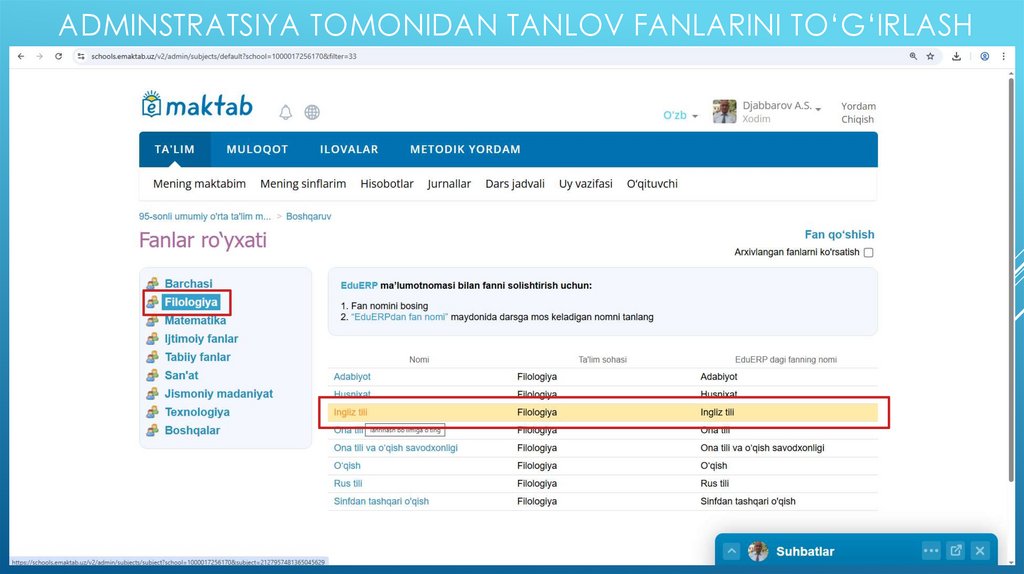Adminstratsiya tomonidan tanlov fanlarini to‘g‘irlash