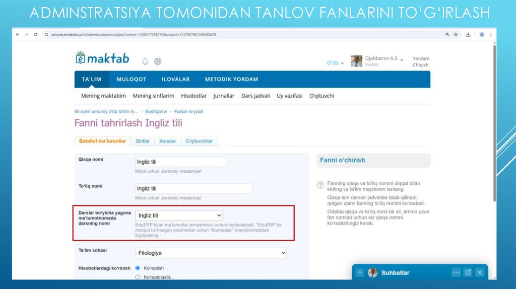 Adminstratsiya tomonidan tanlov fanlarini to‘g‘irlash