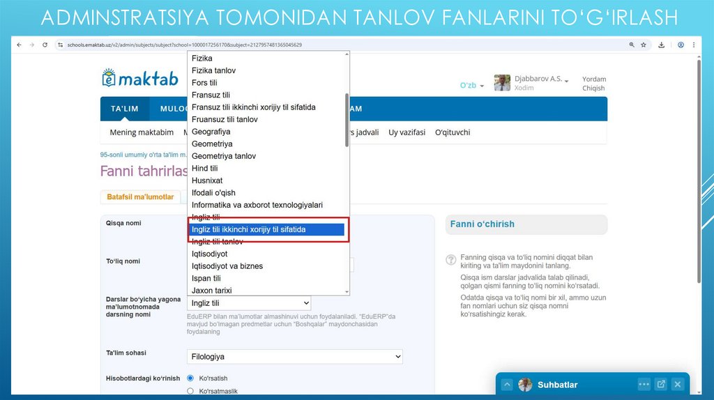Adminstratsiya tomonidan tanlov fanlarini to‘g‘irlash