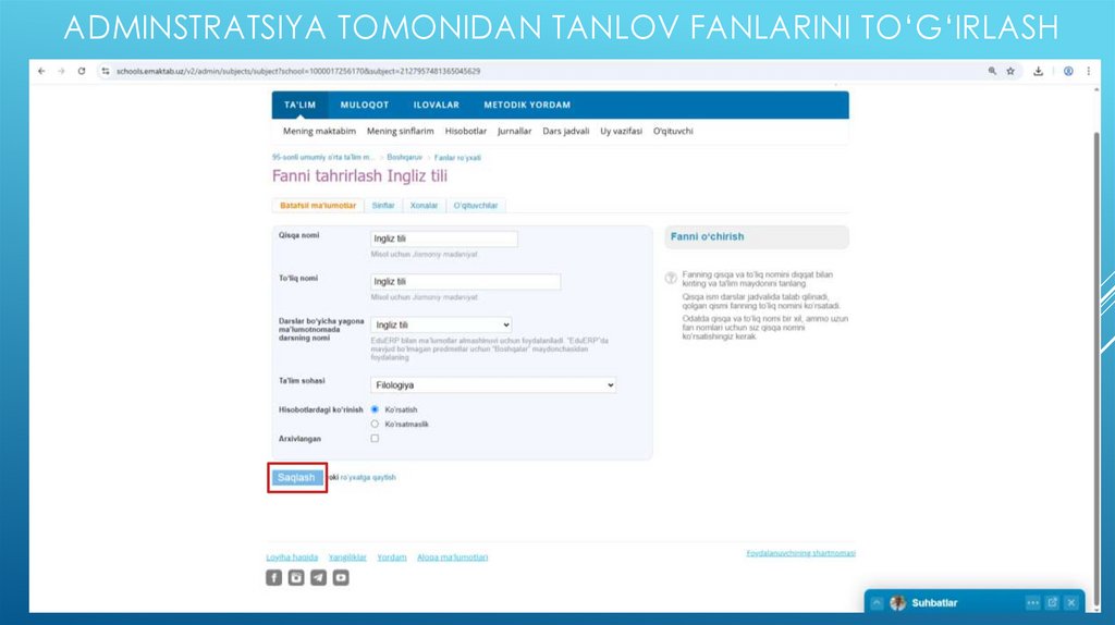 Adminstratsiya tomonidan tanlov fanlarini to‘g‘irlash