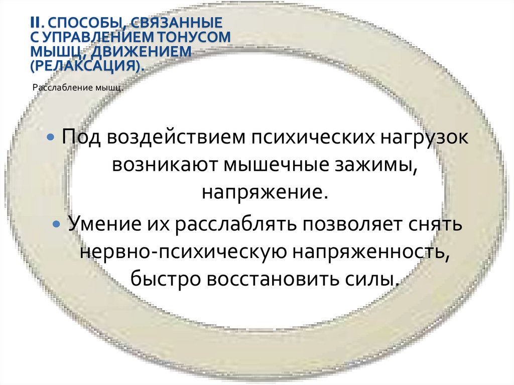 II. Способы, связанные с управлением тонусом мышц, движением (релаксация).