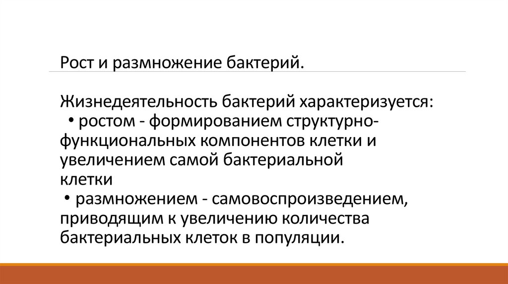Рост и размножение бактерий. Жизнедеятельность бактерий характеризуется: • ростом - формированием структурно-функциональных