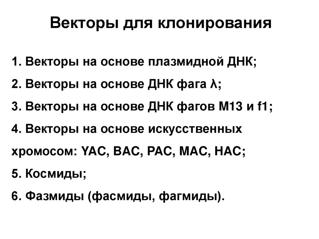 1. Векторы на основе плазмидной ДНК; 2. Векторы на основе ДНК фага λ; 3. Векторы на основе ДНК фагов M13 и f1; 4. Векторы на