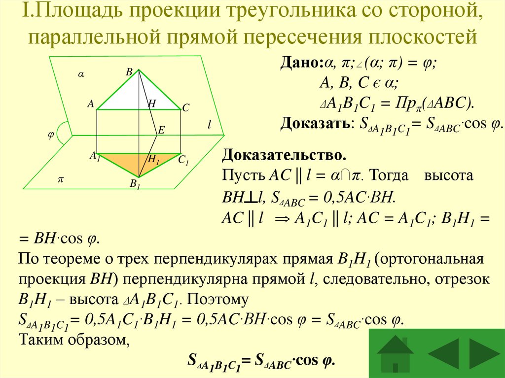 I.Площадь проекции треугольника со стороной, параллельной прямой пересечения плоскостей