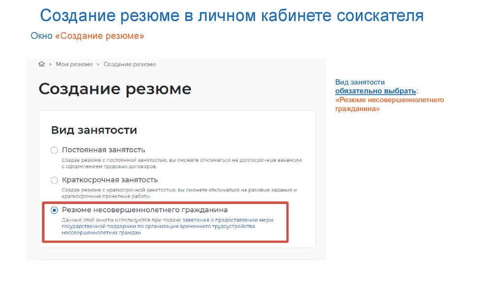 Создание резюме в личном кабинете соискателя
