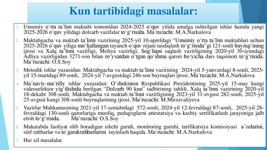 Kun tartibidagi masalalar: