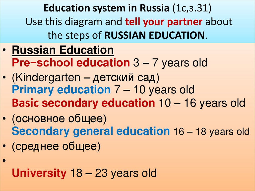 Education system in Russia (1с,з.31) Use this diagram and tell your partner aboutthe steps of RUSSIAN EDUCATION.