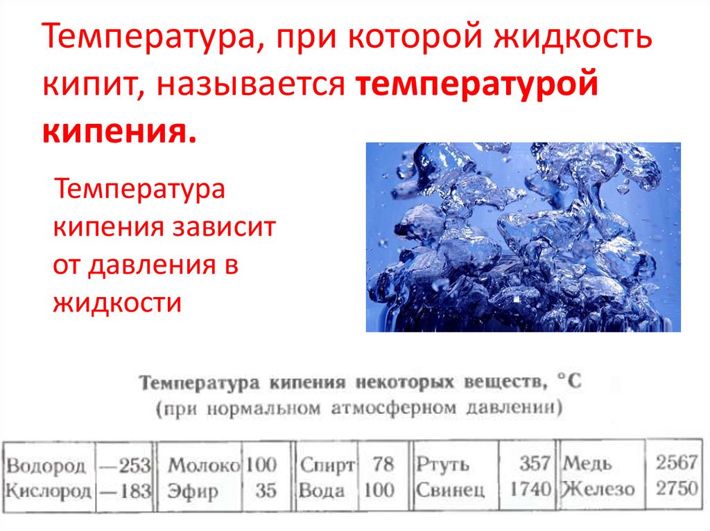 Температура, при которой жидкость кипит, называется температурой кипения.