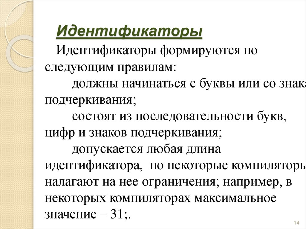 Идентификаторы Идентификаторы формируются по следующим правилам:         должны начинаться с буквы или со знака подчеркивания;