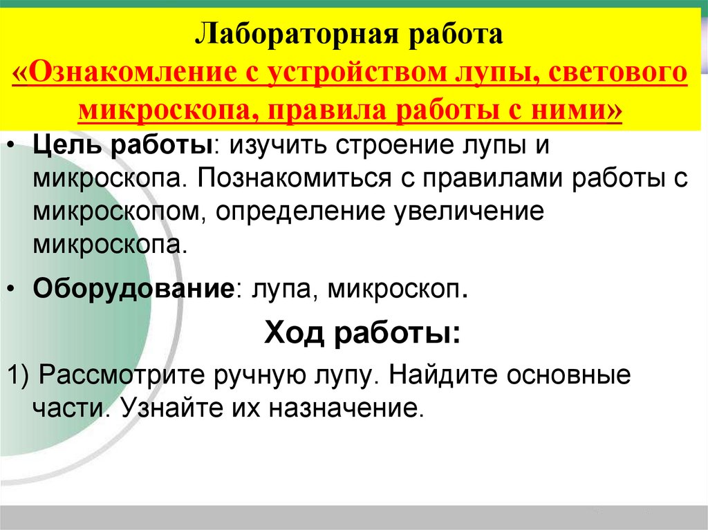 Лабораторная работа «Ознакомление с устройством лупы, светового микроскопа, правила работы с ними»