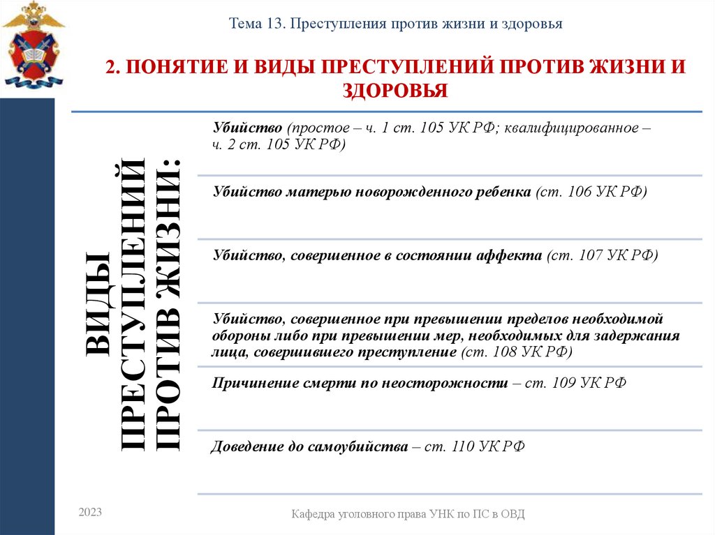 2. Понятие и виды преступлений против жизни и здоровья