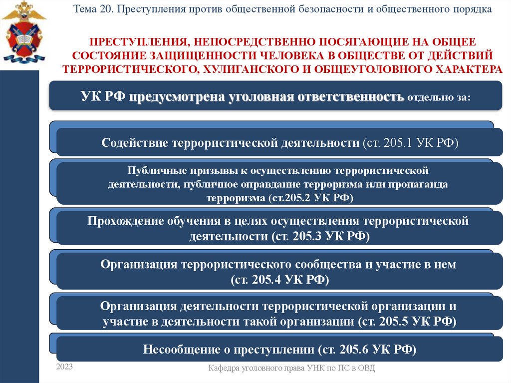 Преступления, непосредственно посягающие на общее состояние защищенности человека в обществе от действий террористического,