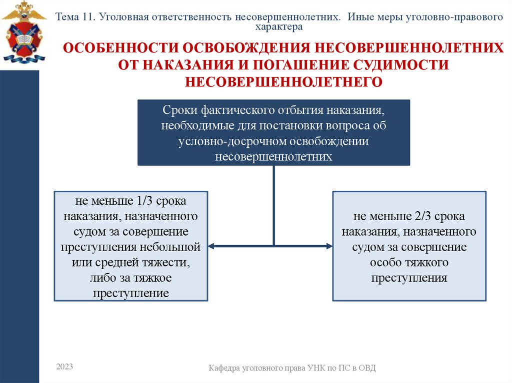 Особенности освобождения несовершеннолетних от наказания и погашение судимости несовершеннолетнего