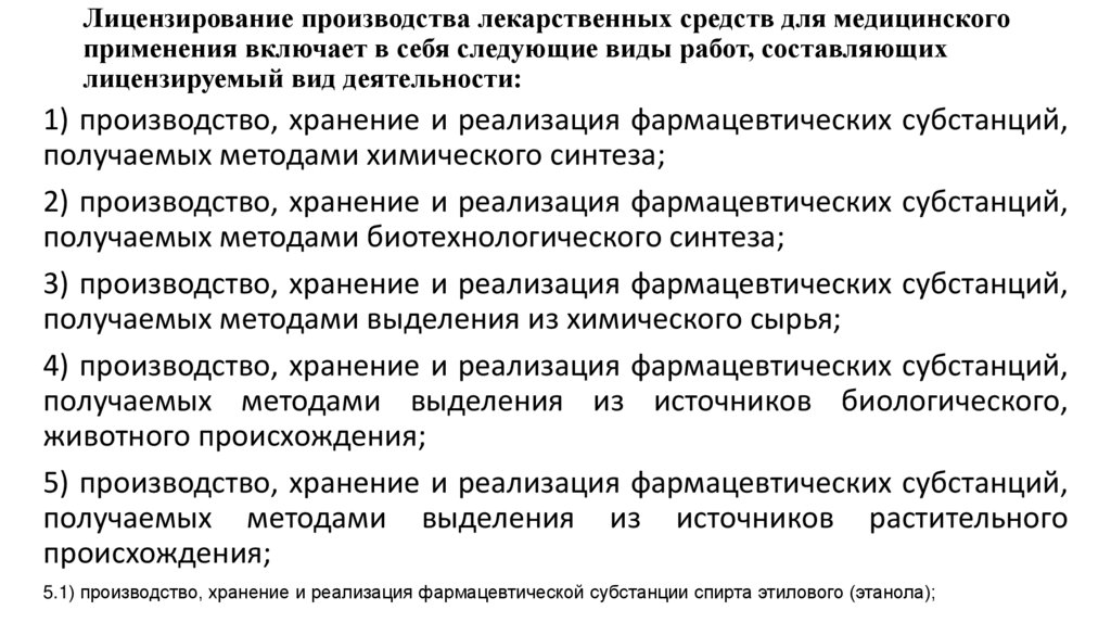 Лицензирование производства лекарственных средств для медицинского применения включает в себя следующие виды работ,