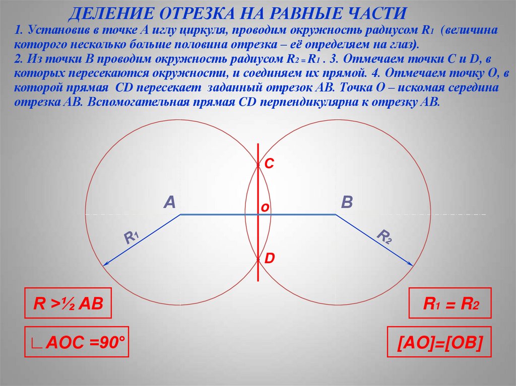 ДЕЛЕНИЕ ОТРЕЗКА НА РАВНЫЕ ЧАСТИ 1. Установив в точке А иглу циркуля, проводим окружность радиусом R1 (величина которого