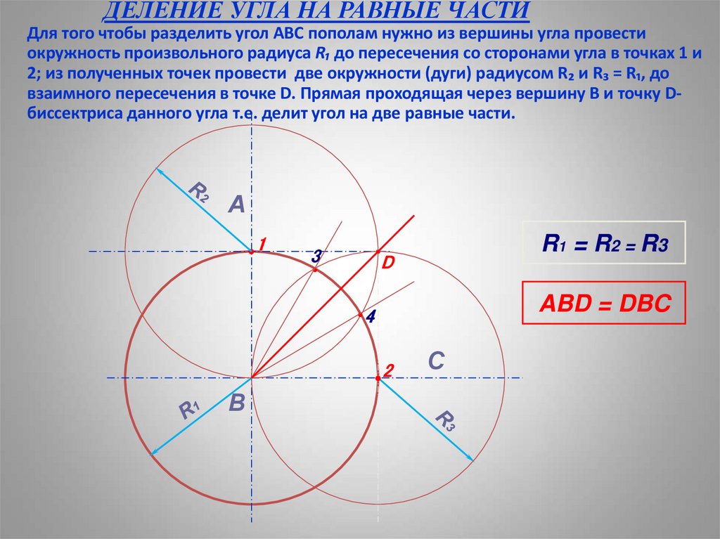 ДЕЛЕНИЕ УГЛА НА РАВНЫЕ ЧАСТИ Для того чтобы разделить угол АВС пополам нужно из вершины угла провести окружность произвольного