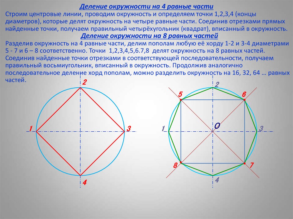 Деление окружности на 4 равные части Строим центровые линии, проводим окружность и определяем точки 1,2,3,4 (концы диаметров),