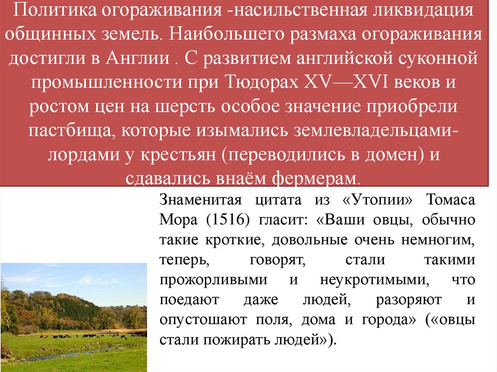 Политика огораживания -насильственная ликвидация общинных земель. Наибольшего размаха огораживания достигли в Англии . С