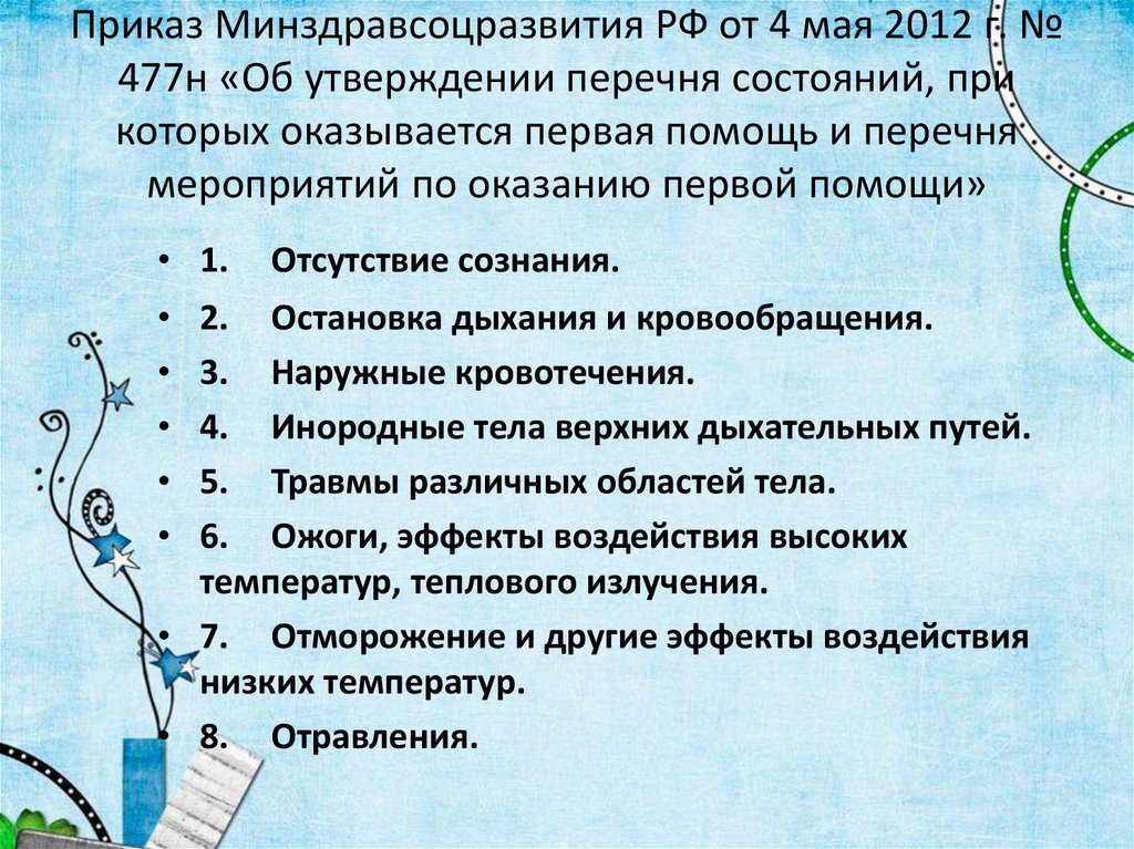 Приказ Минздравсоцразвития РФ от 4 мая 2012 г. № 477н «Об утверждении перечня состояний, при которых оказывается первая помощь