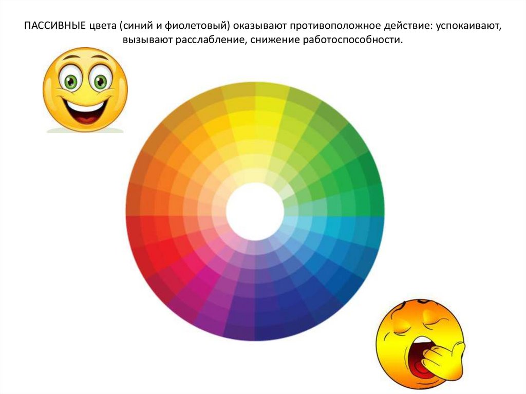ПАССИВНЫЕ цвета (синий и фиолетовый) оказывают противоположное действие: успокаивают, вызывают расслабление, снижение