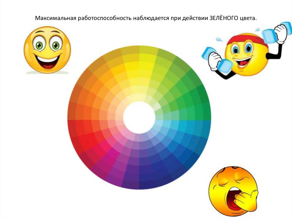 Максимальная работоспособность наблюдается при действии ЗЕЛЁНОГО цвета.