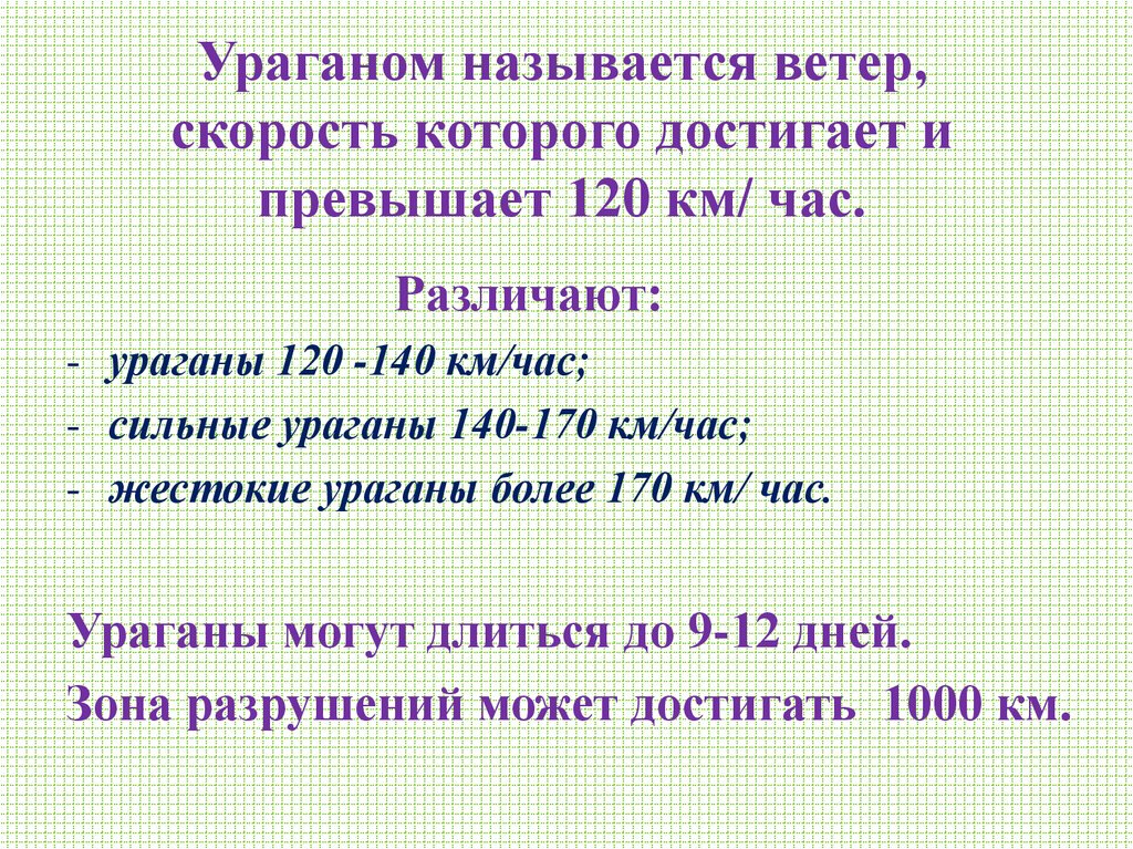 Ураганом называется ветер, скорость которого достигает и превышает 120 км/ час.