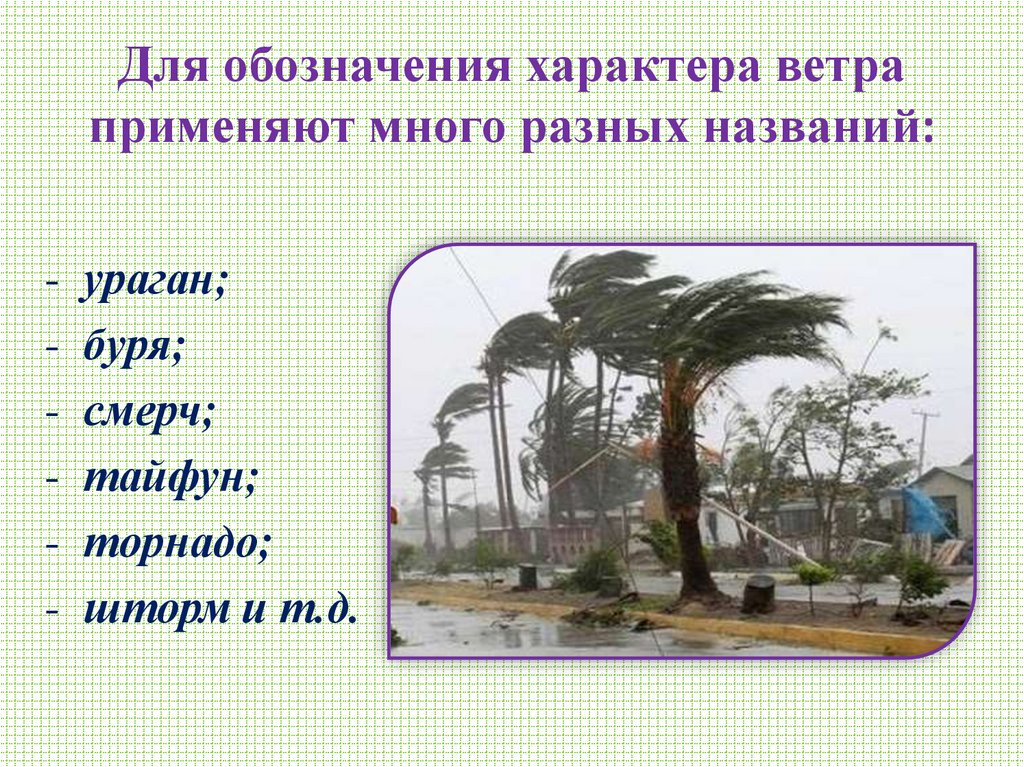 Для обозначения характера ветра применяют много разных названий: