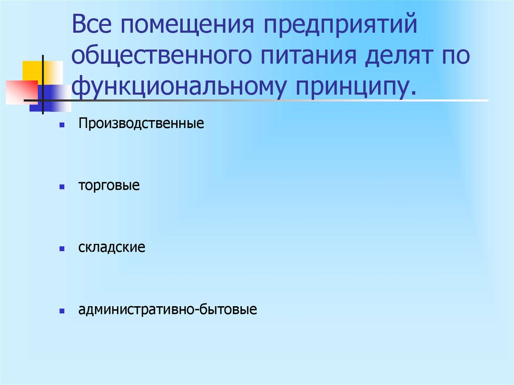 Все помещения предприятий общественного питания делят по функциональному принципу.