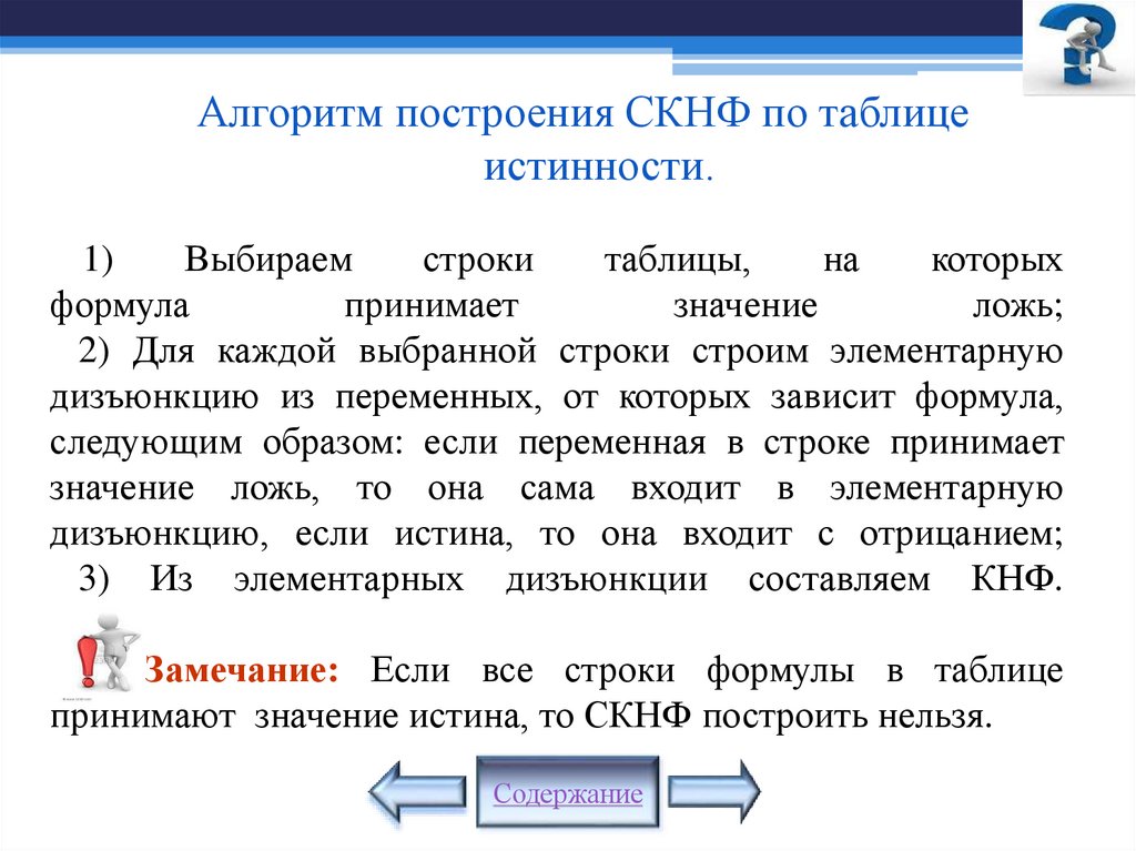 1) Выбираем строки таблицы, на которых формула принимает значение ложь; 2) Для каждой выбранной строки строим элементарную