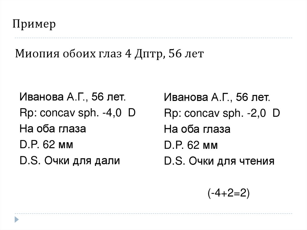 Пример Миопия обоих глаз 4 Дптр, 56 лет