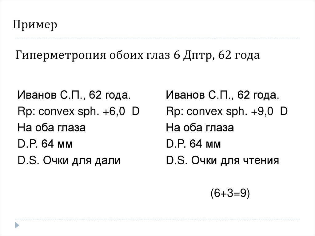 Пример Гиперметропия обоих глаз 6 Дптр, 62 года