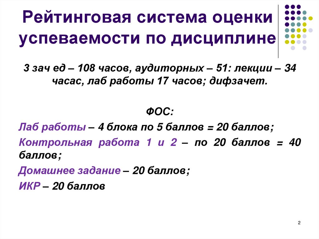 Рейтинговая система оценки успеваемости по дисциплине
