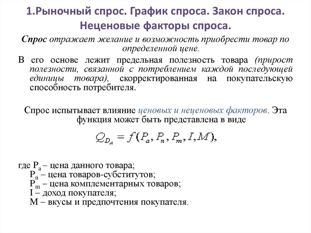 1.Рыночный спрос. График спроса. Закон спроса. Неценовые факторы спроса.
