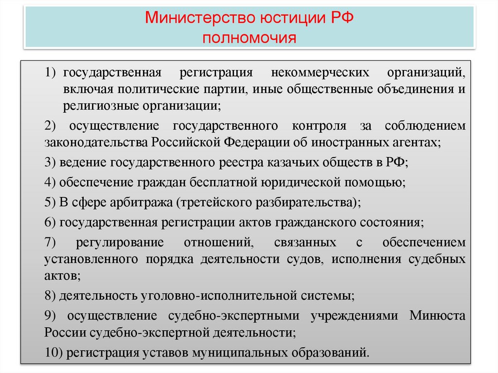 Министерство юстиции РФ полномочия