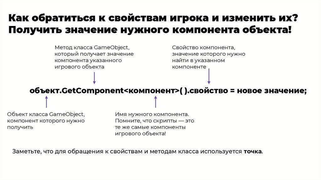 Как обратиться к свойствам игрока и изменить их? Получить значение нужного компонента объекта!