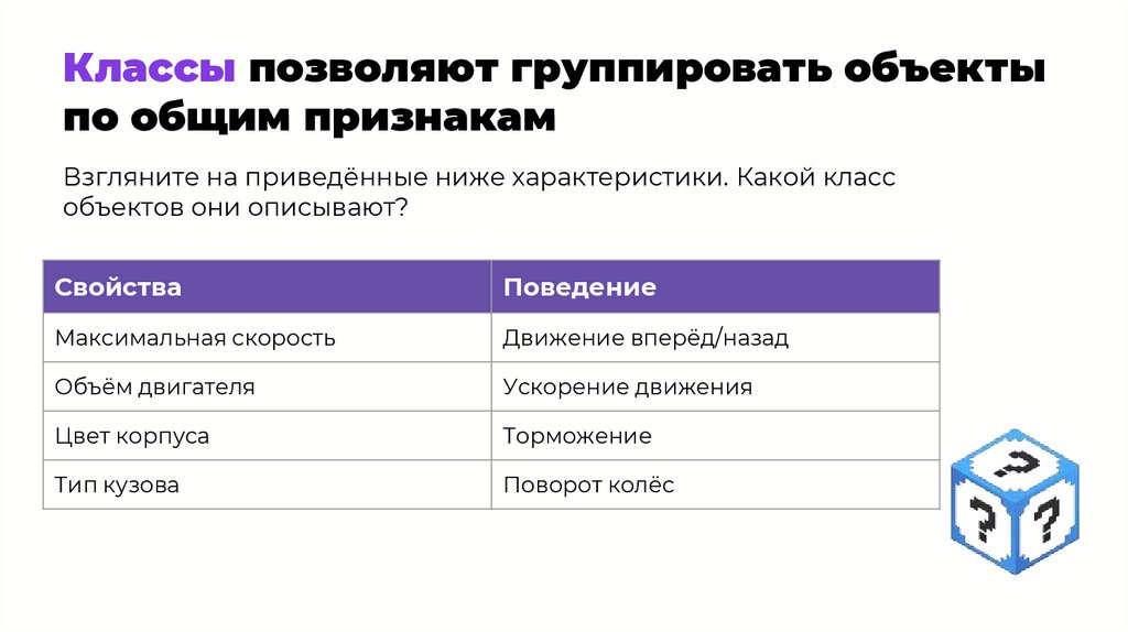 Классы позволяют группировать объекты по общим признакам