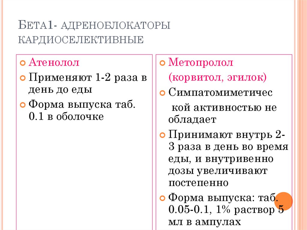 Бета1- адреноблокаторы кардиоселективные
