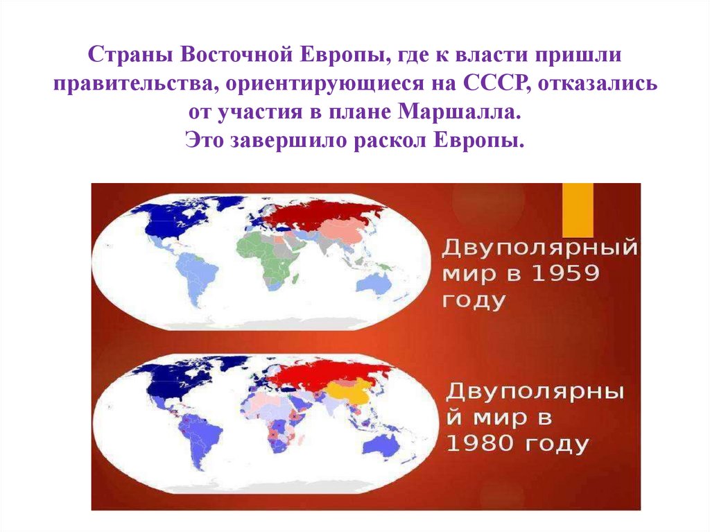 Страны Восточной Европы, где к власти пришли правительства, ориентирующиеся на СССР, отказались от участия в плане Маршалла.