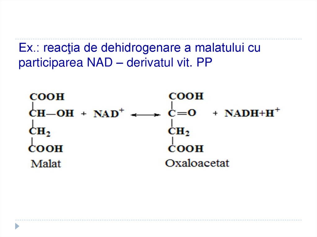 Ex.: reacţia de dehidrogenare a malatului cu participarea NAD – derivatul vit. PP