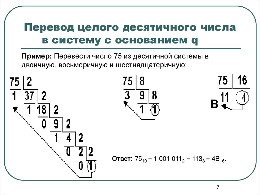 Перевод целого десятичного числа в систему с основанием q