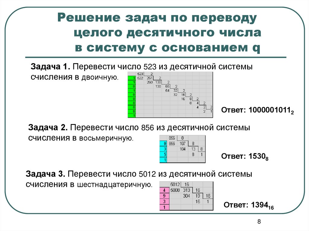 Решение задач по переводу целого десятичного числа в систему с основанием q