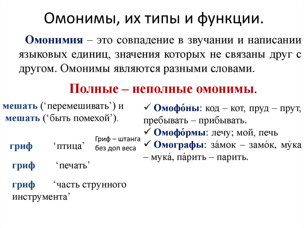Омонимы, их типы и функции.